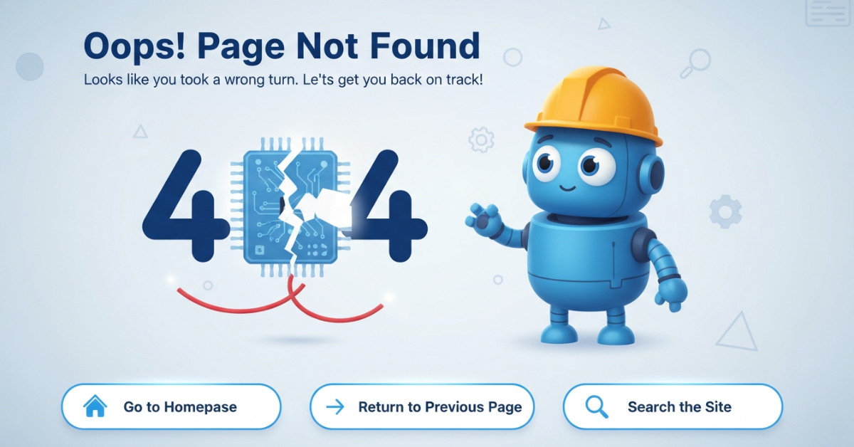 Example of a user-friendly custom 404 error page design with navigation links to fix website design mistakes