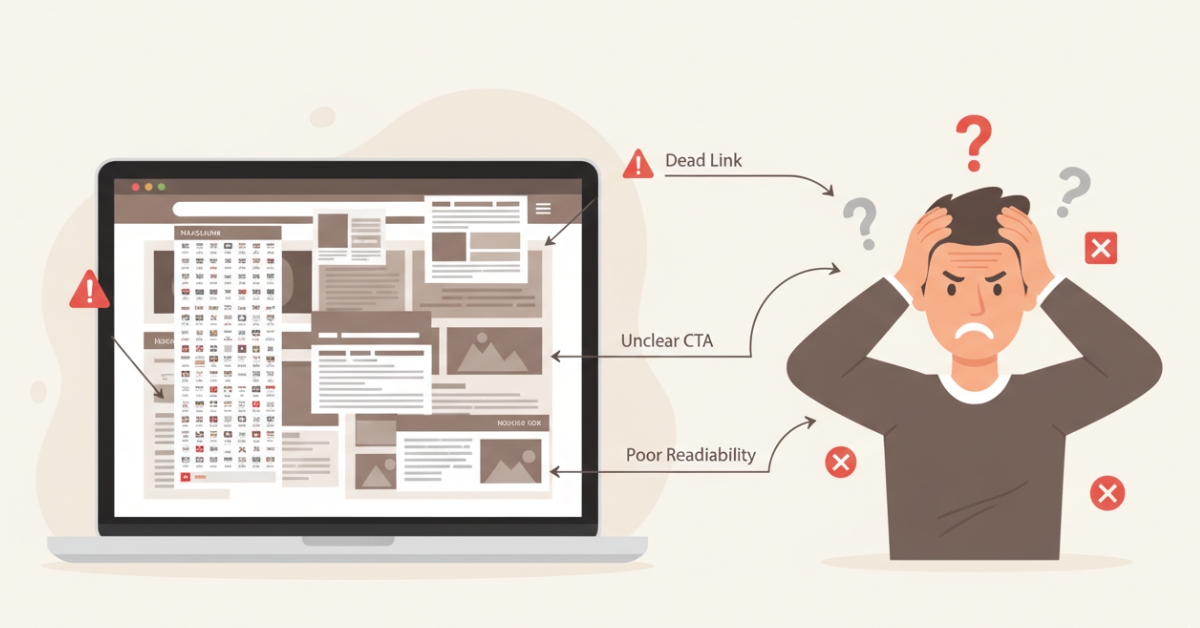Frustrated user facing common Website Design Mistakes like poor navigation, dead links, and unclear CTAs