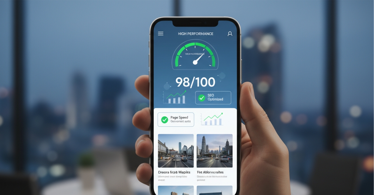 Smartphone displaying high page speed score of 98/100 illustrating how fixing website design mistakes improves mobile SEO rankings