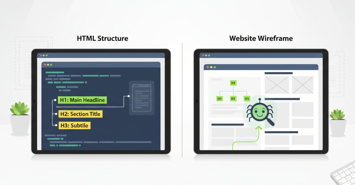 Illustration of proper HTML structure and heading hierarchy (H1, H2, H3) to avoid website design mistakes