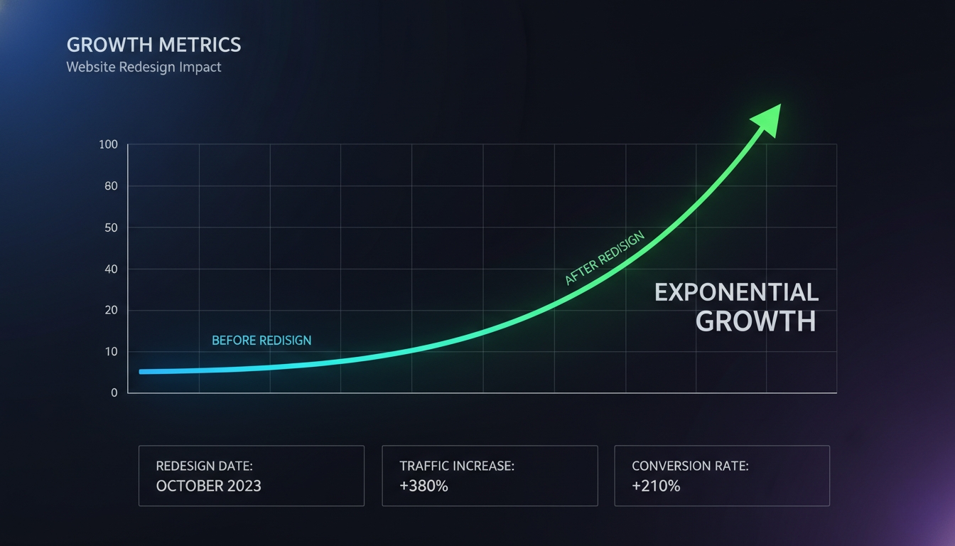 Graph showing website redesign impact with 380% traffic increase and 210% conversion rate growth after October 2023.