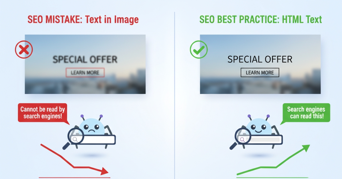 Infographic showing the website design mistake of embedding text in images vs using SEO-friendly HTML text