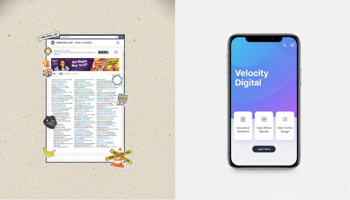  Comparison of a cluttered, outdated website versus a modern, mobile-responsive user interface design.